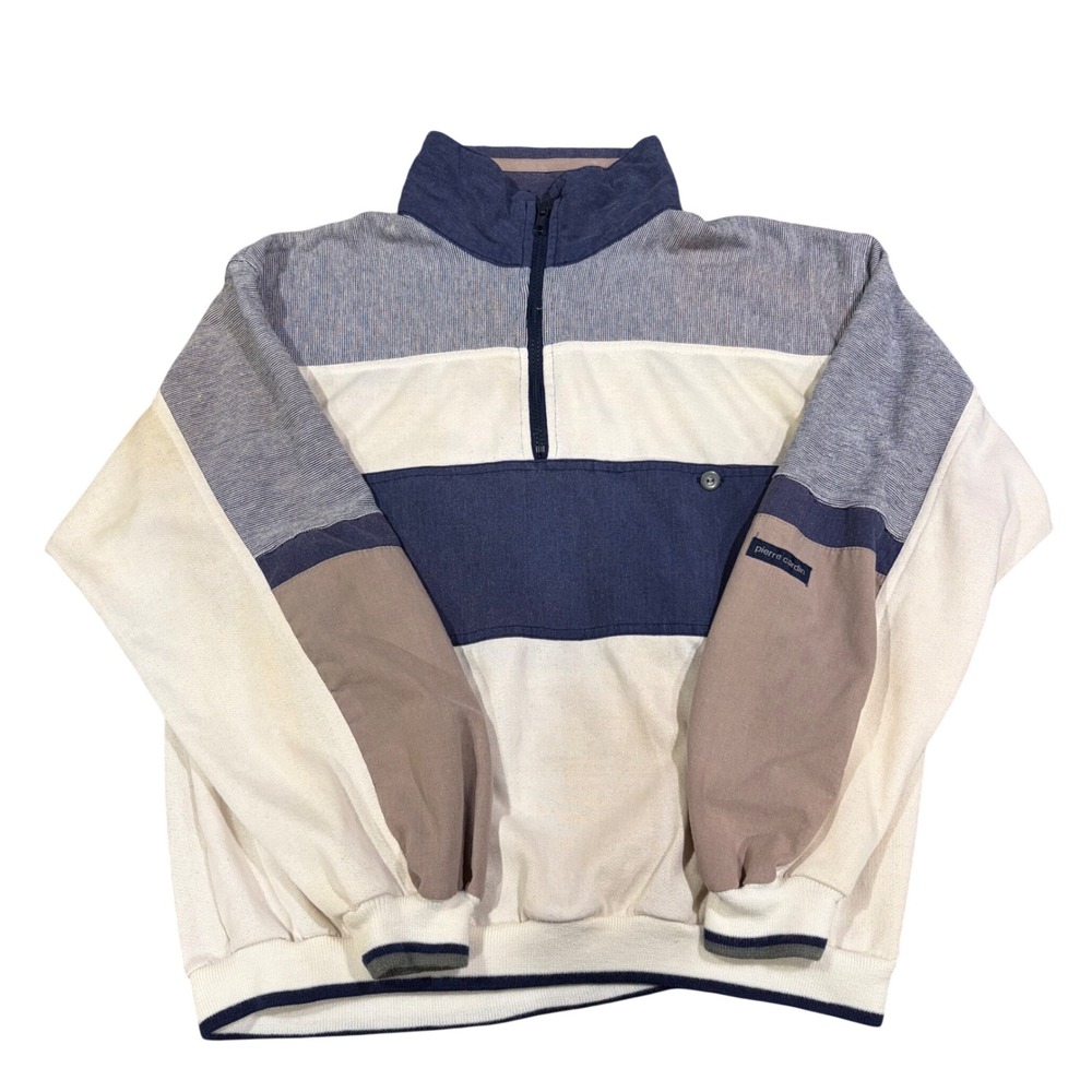 Vintage Pierre Cardin Mens Quarter Zip Colorblock Sweatshirt Navy Cream Blue M
